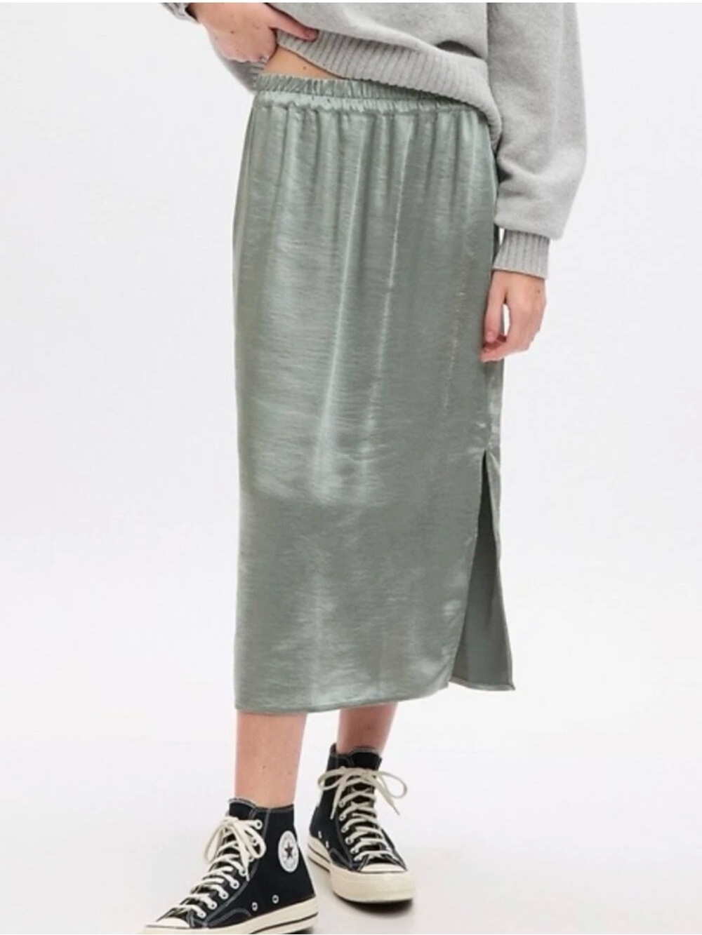 NWT NEW GAP Satin Midi Slip Skirt Sz M Y2K Pull On Sage Green Preppy Chic Slit